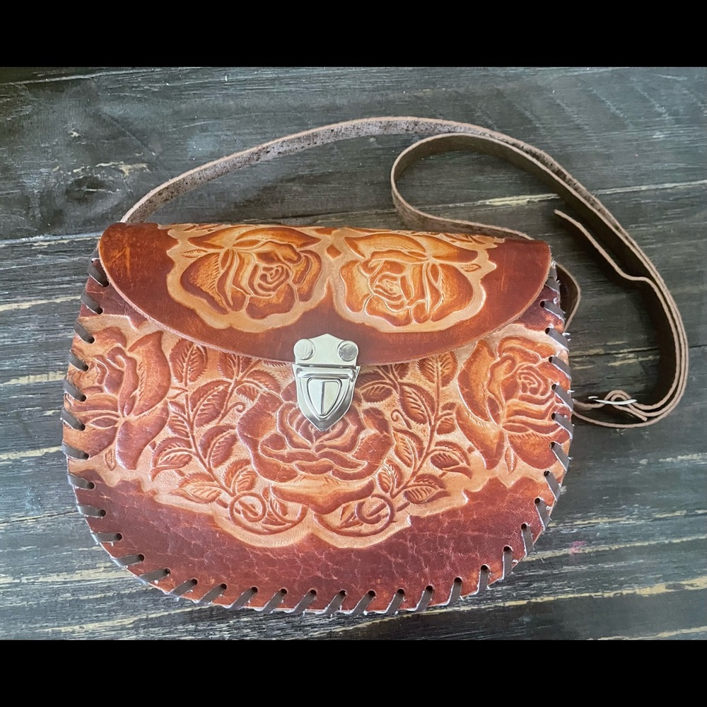 Mexican Hard leather flower embossed crossbody bag